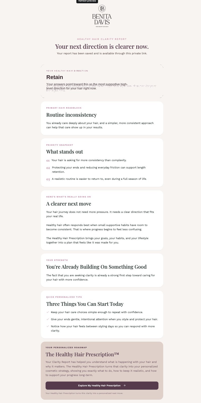 Sample Healthy Hair Clarity Report showing the healthy hair direction, primary roadblock, priority snapshot, and three starting points